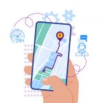 Flat design vector illustration of hand holding smartphone with mobile navigation app on screen. Route map with symbols showing location of man. Global Positioning System concept design elements.